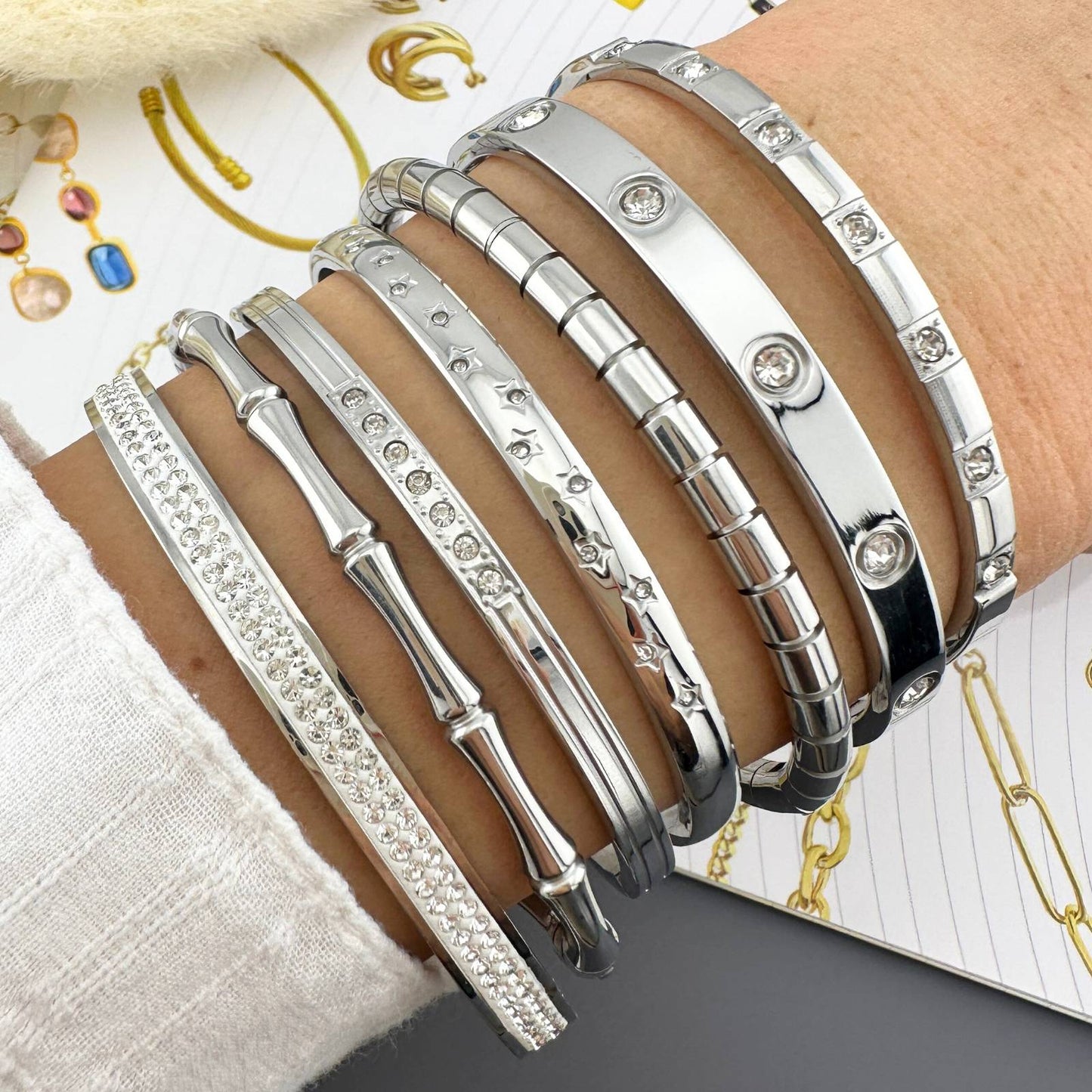 Silver Inlaid CZ Bangle Bracelet