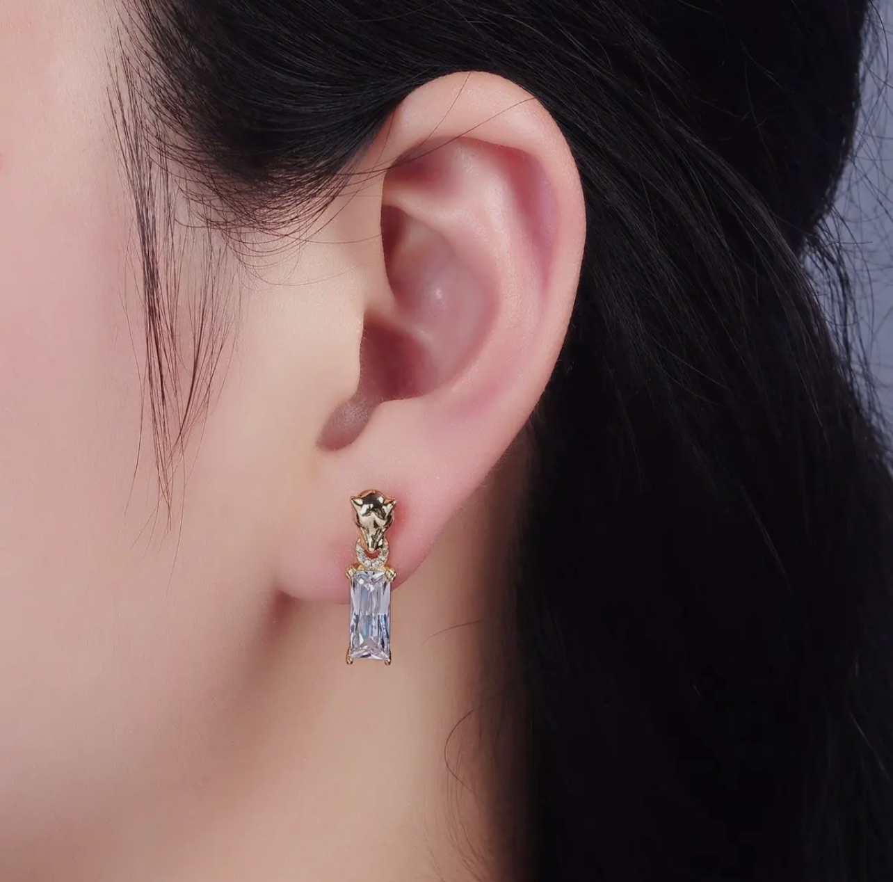 Panther Earring With Baguette CZ Drop